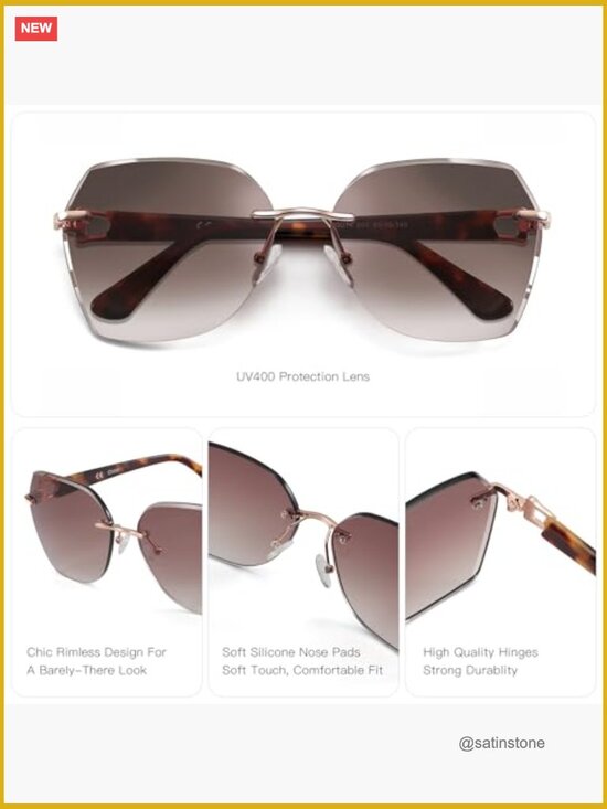 Oversized Rimless Sunglasses Geometric Diamond Cutting Gradient Lens UV main image 5